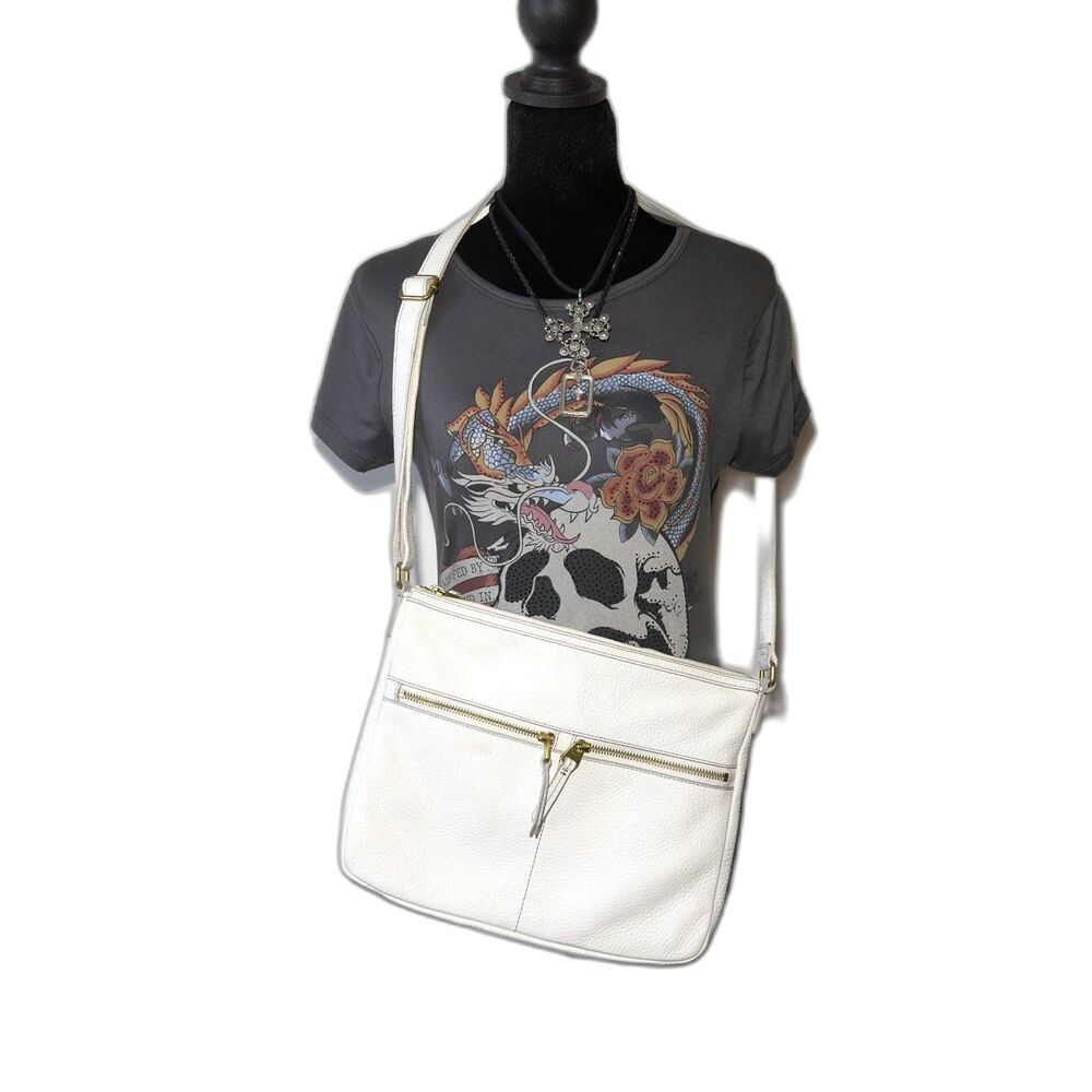 Fossil Elise Pebbled Leather Off White Crossbody Bag Purse 12x9x2 in